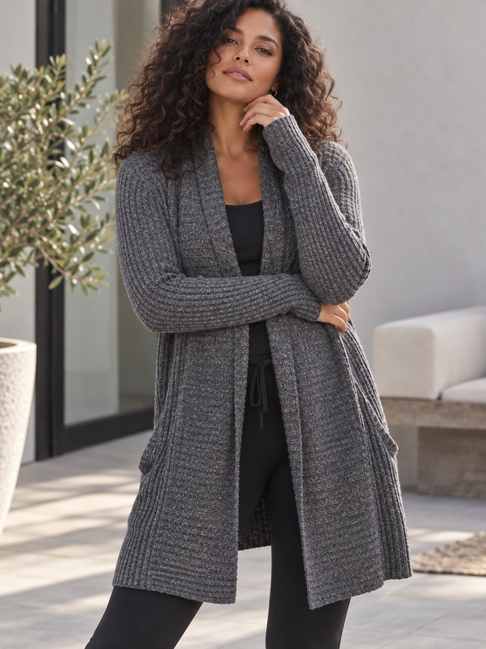 Barefoot Dreams CozyChic Lite MontCozy Open-Front Ribbed Cardigan Sweater - Gray